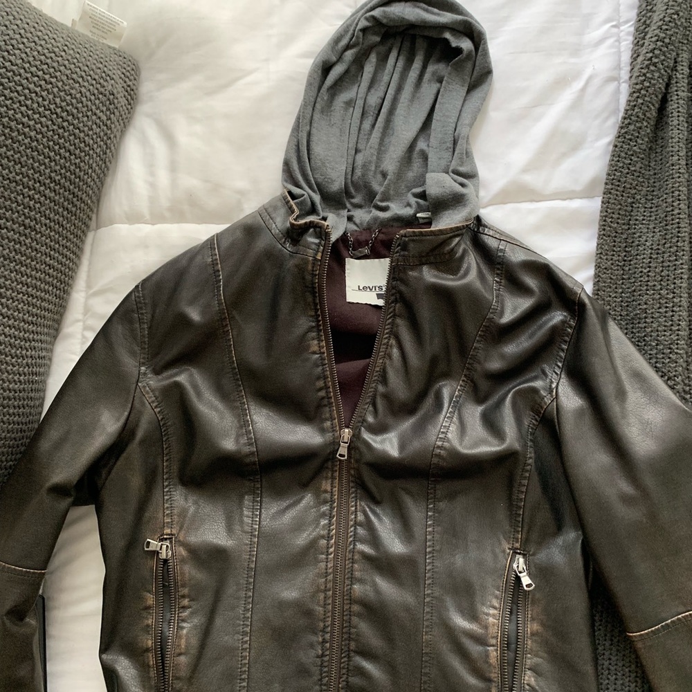 Size L Levi Leather Jacket with Hoodie